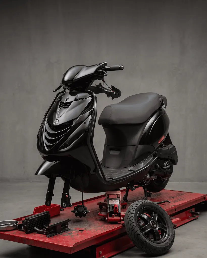 Scooter op de hefbrug in de werkplaats van Officina Di Nando, garage Merelbeke
